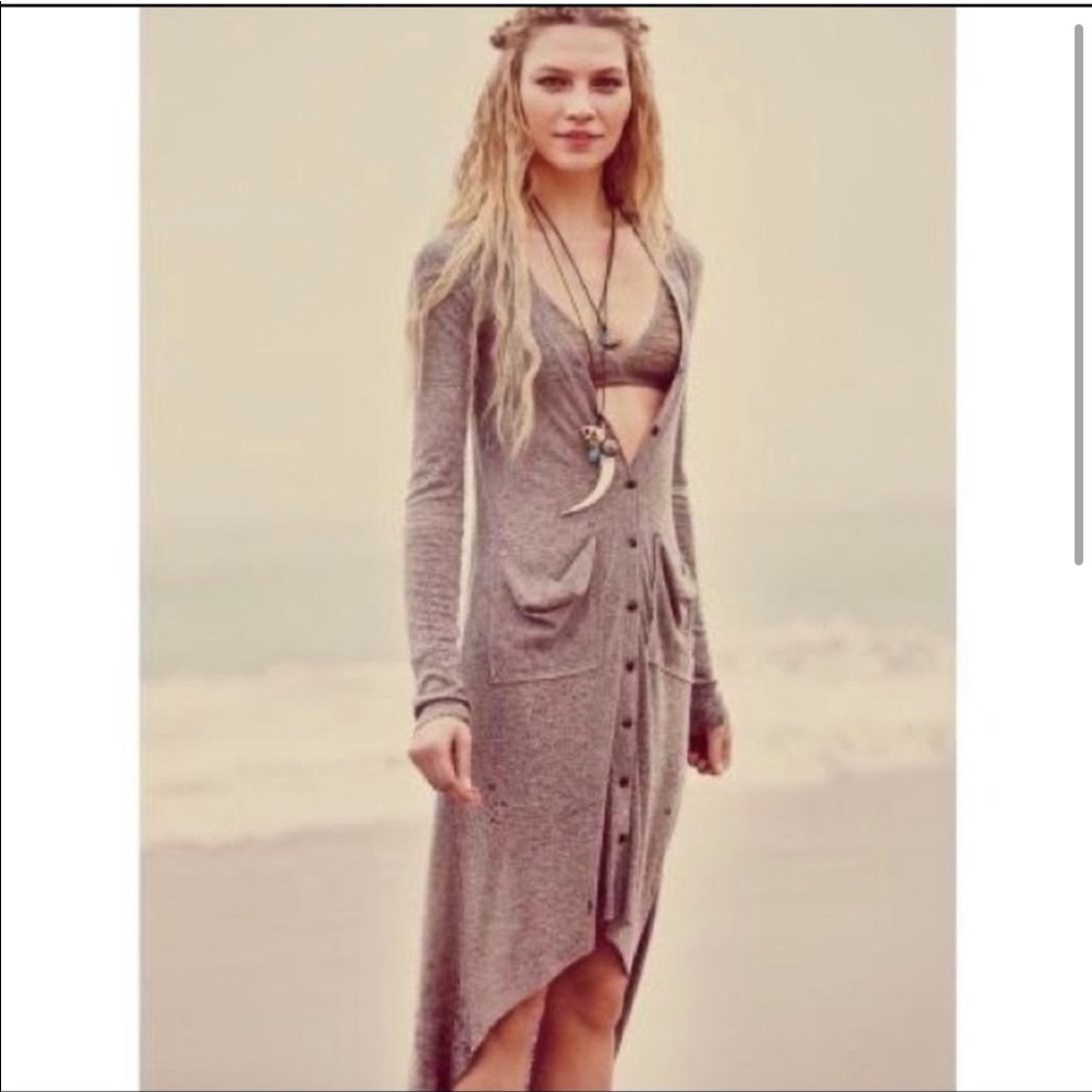 Free People Beach Ribbed Up Maxi Cardigan Small Cream Duster Mini Dress L